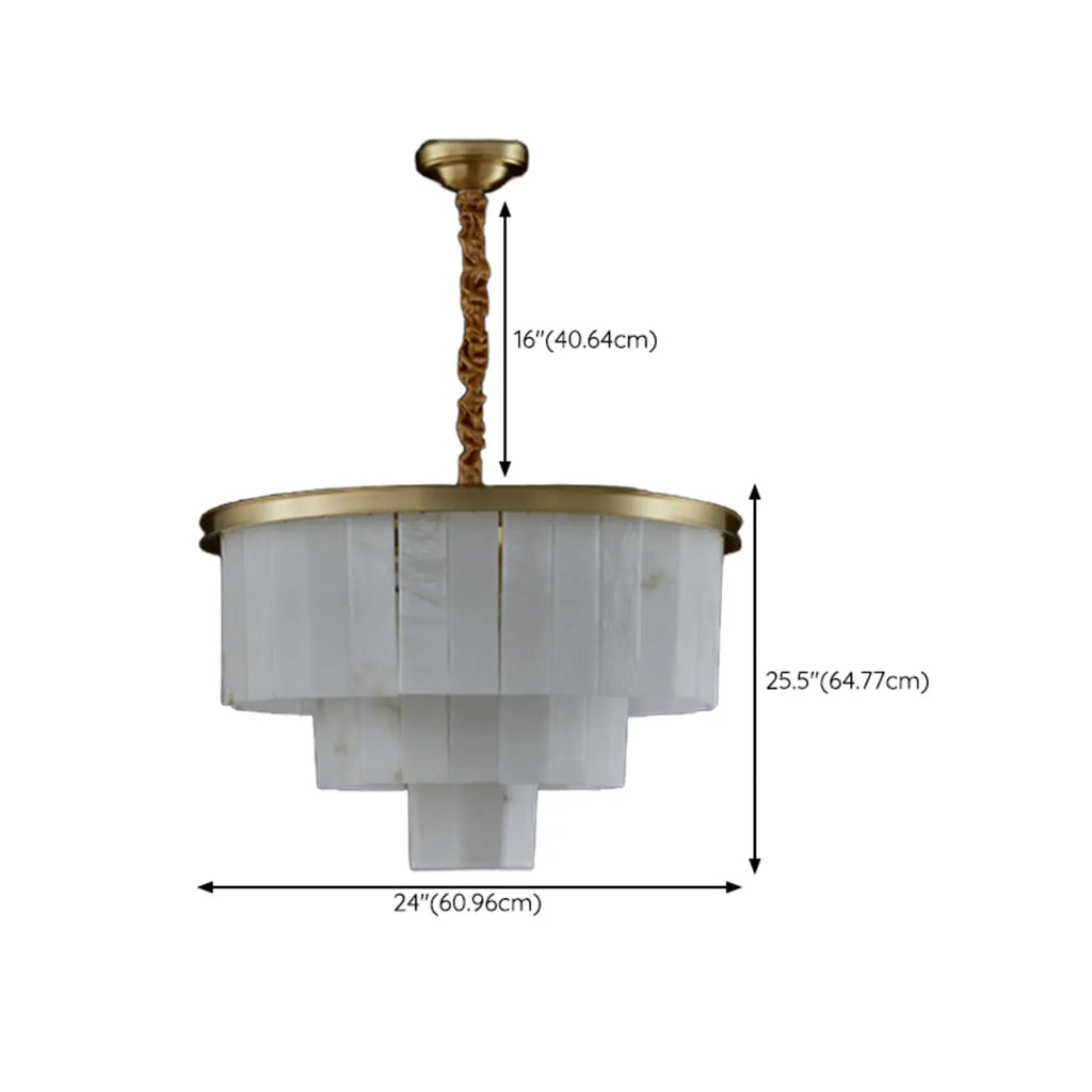 Lustre circulaire classique à plusieurs niveaux en albâtre doré