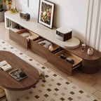 Meuble TV moderne en bois brun avec tiroirs et rangement ouvert, modèle 122