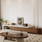 Meuble TV moderne en bois brun avec tiroirs et rangement ouvert, modèle 122