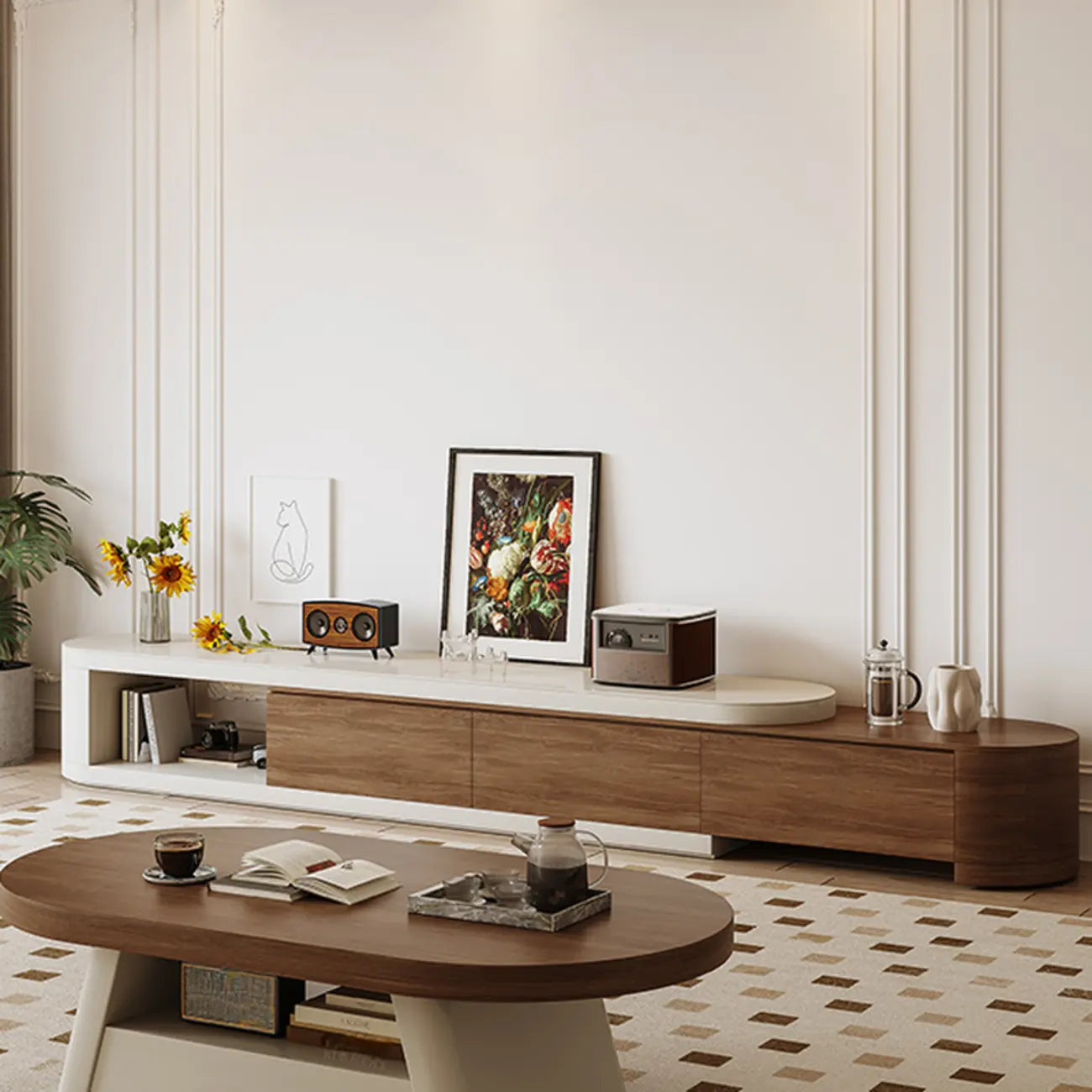 Meuble TV moderne en bois brun avec tiroirs et rangement ouvert, modèle 122