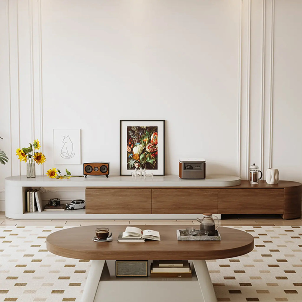 Meuble TV moderne en bois brun avec tiroirs et rangement ouvert, modèle 122