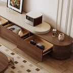 Meuble TV moderne en bois brun avec tiroirs et rangement ouvert, modèle 122