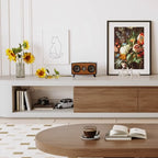 Meuble TV moderne en bois brun avec tiroirs et rangement ouvert, modèle 122