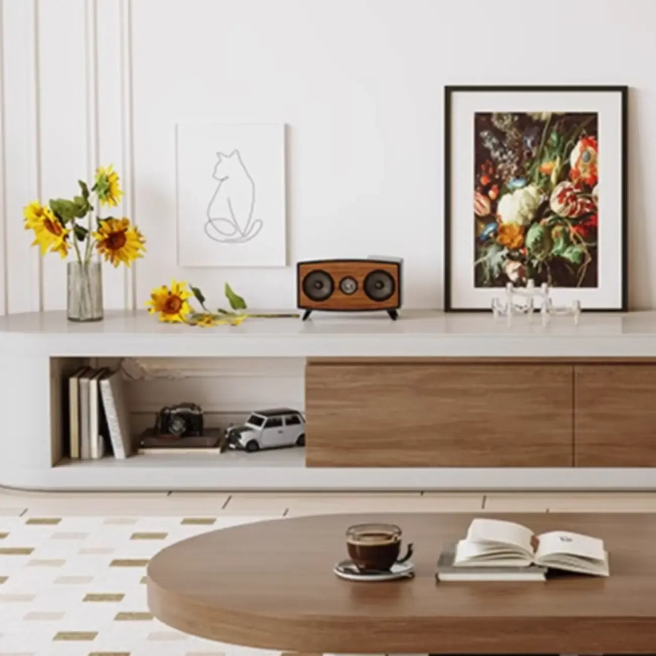 Meuble TV moderne en bois brun avec tiroirs et rangement ouvert, modèle 122