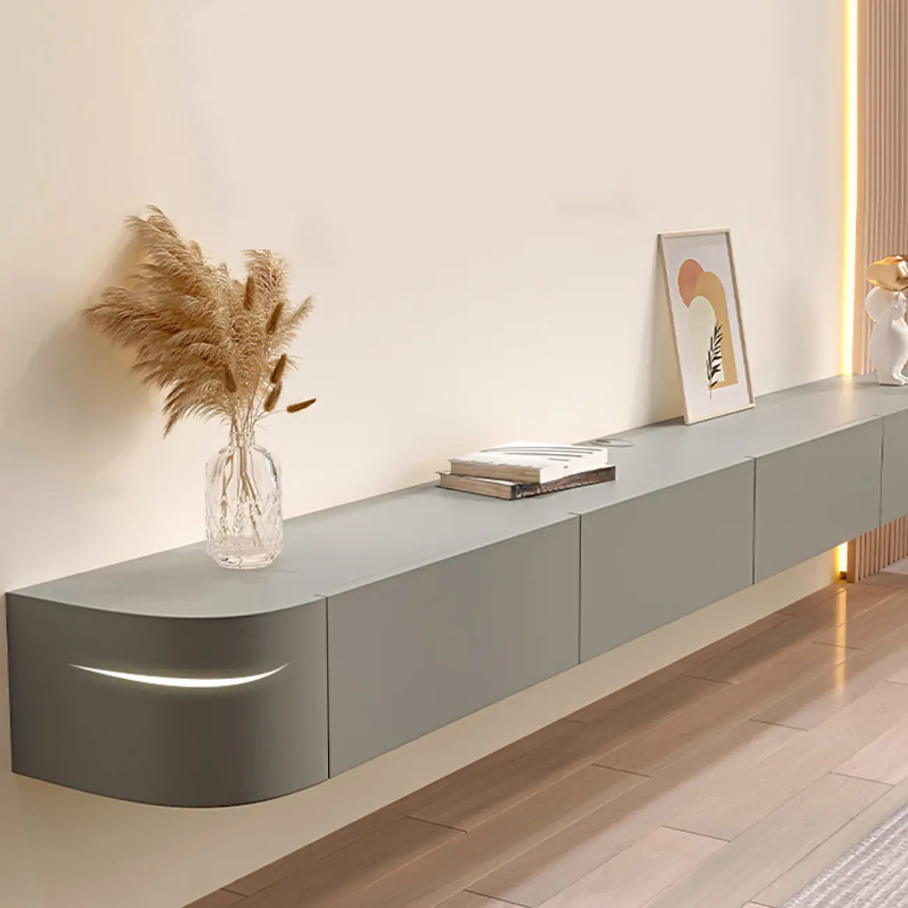 Mobile TV galleggiante lungo 87 in legno massello grigio con cassetti