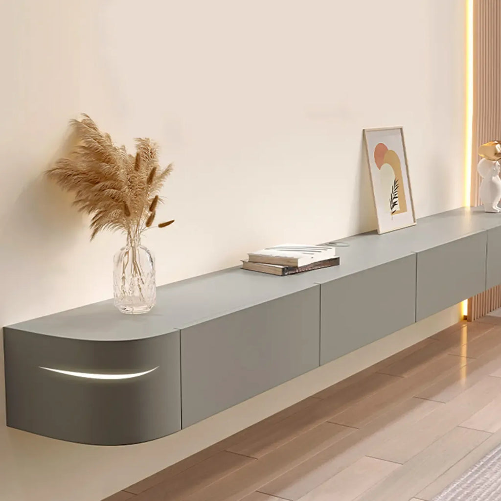 Mobile TV galleggiante lungo 87 in legno massello grigio con cassetti