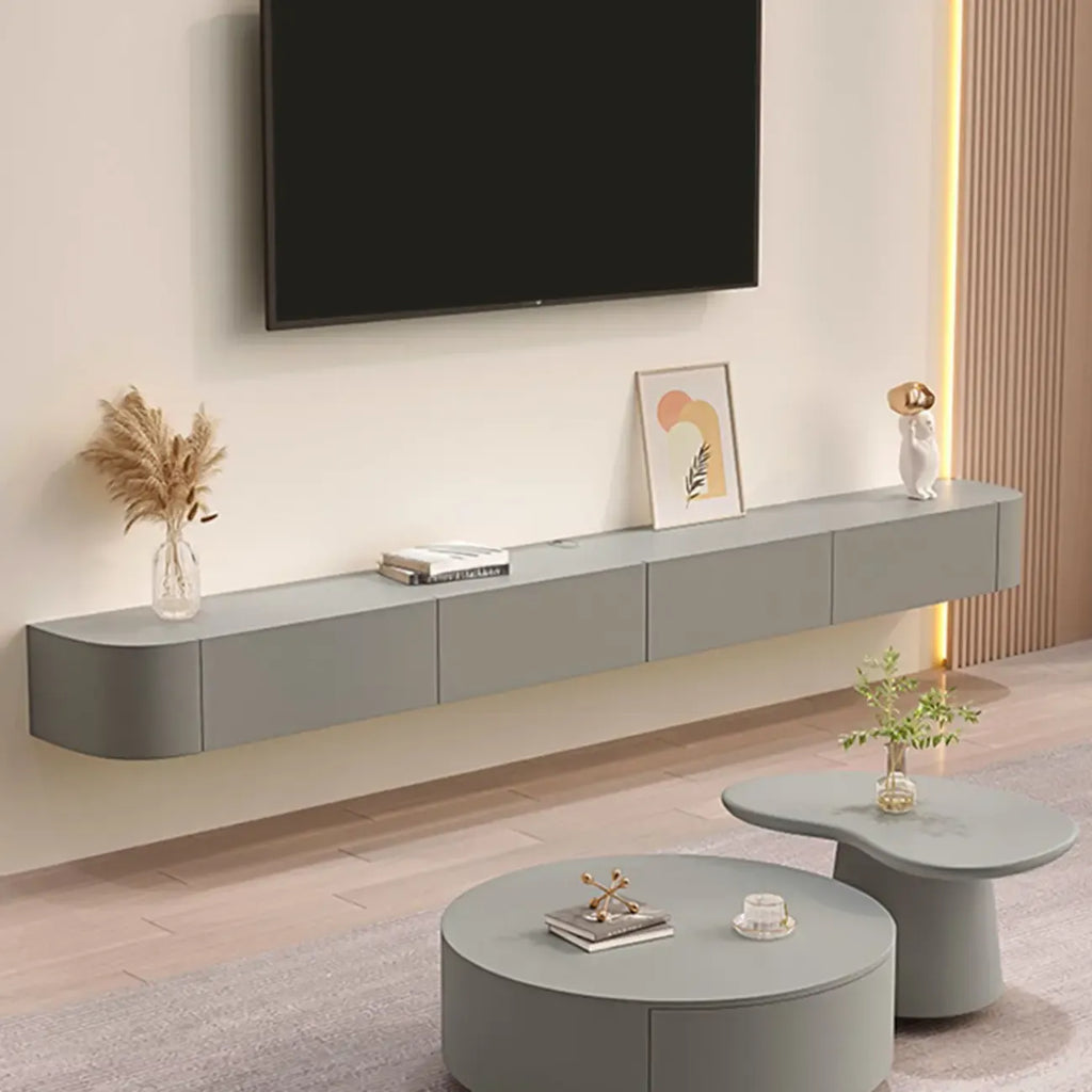 Mobile TV galleggiante lungo 87 in legno massello grigio con cassetti