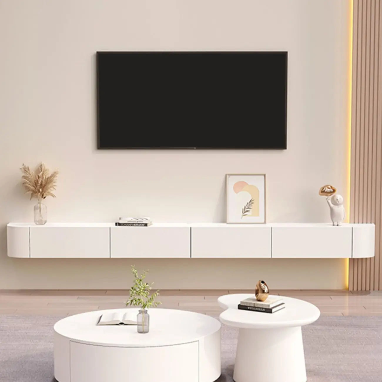 Mobile TV galleggiante lungo 87 in legno massello grigio con cassetti