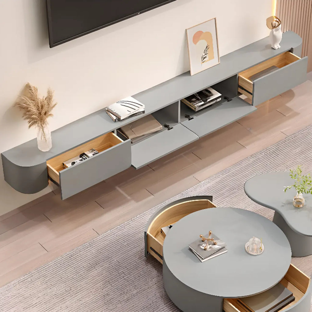 Mobile TV galleggiante lungo 87 in legno massello grigio con cassetti