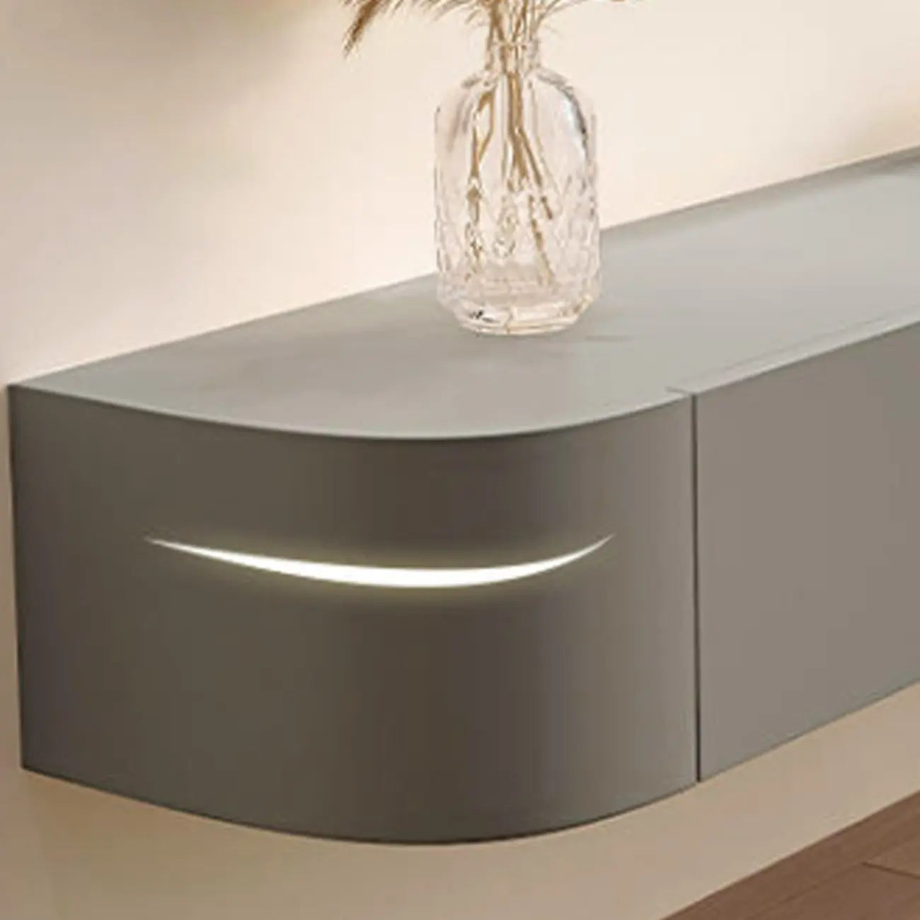 Mobile TV galleggiante lungo 87 in legno massello grigio con cassetti