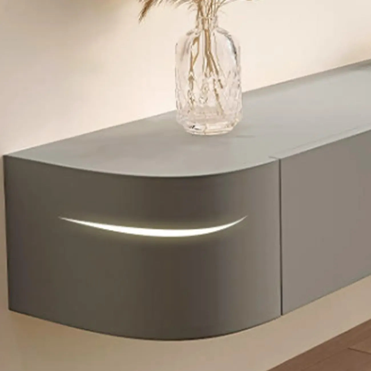 Mobile TV galleggiante lungo 87 in legno massello grigio con cassetti