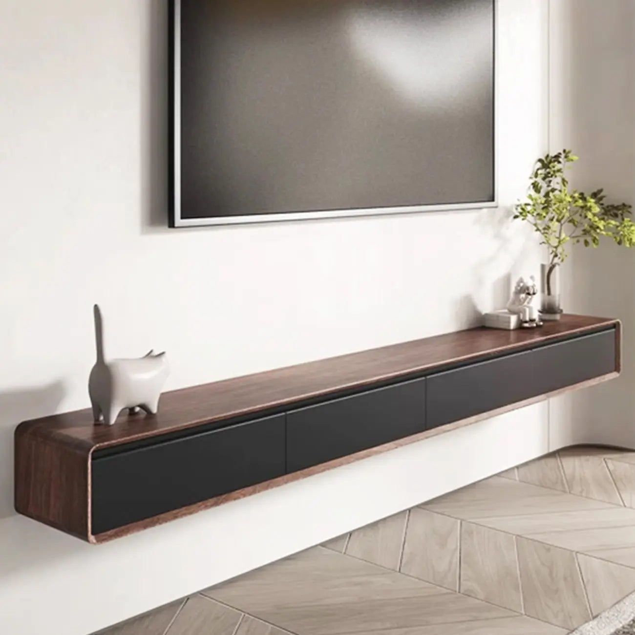 Meuble TV mural flottant avec tiroirs en bois noyer et noir