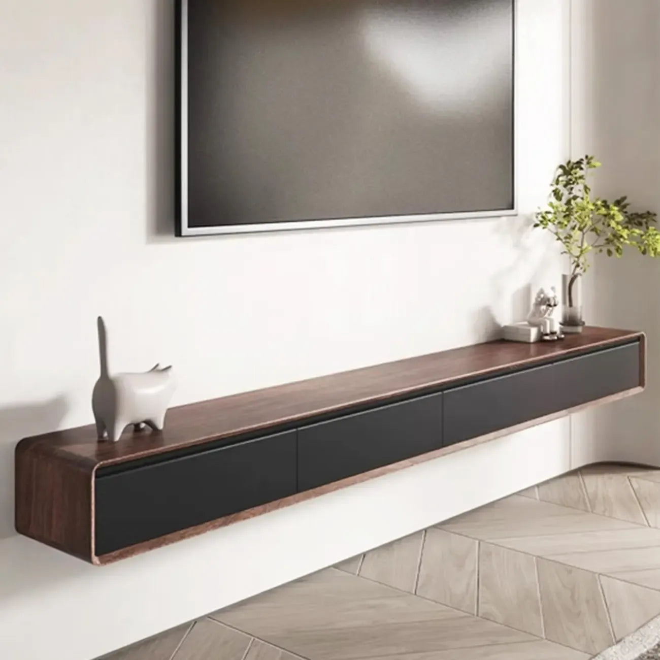 Meuble TV mural flottant avec tiroirs en bois noyer et noir