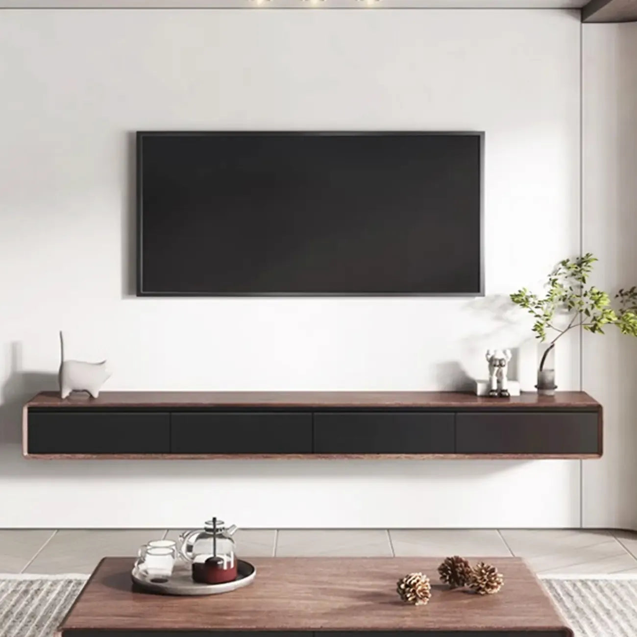 Meuble TV mural flottant avec tiroirs en bois noyer et noir