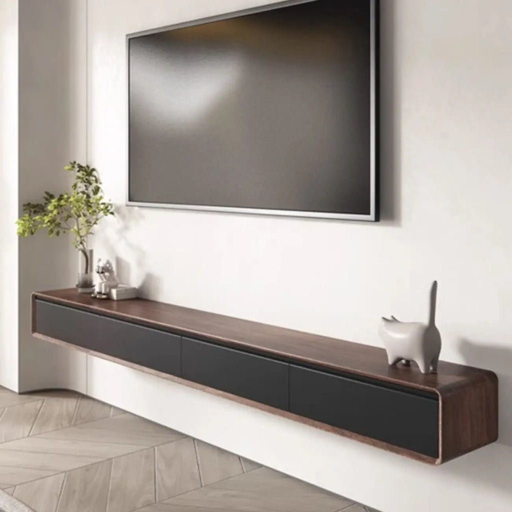 Meuble TV mural flottant avec tiroirs en bois noyer et noir
