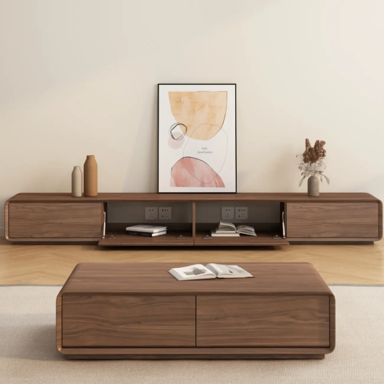 Meuble TV en bois brun style milieu du siècle avec système de gestion des câbles (71 cm)