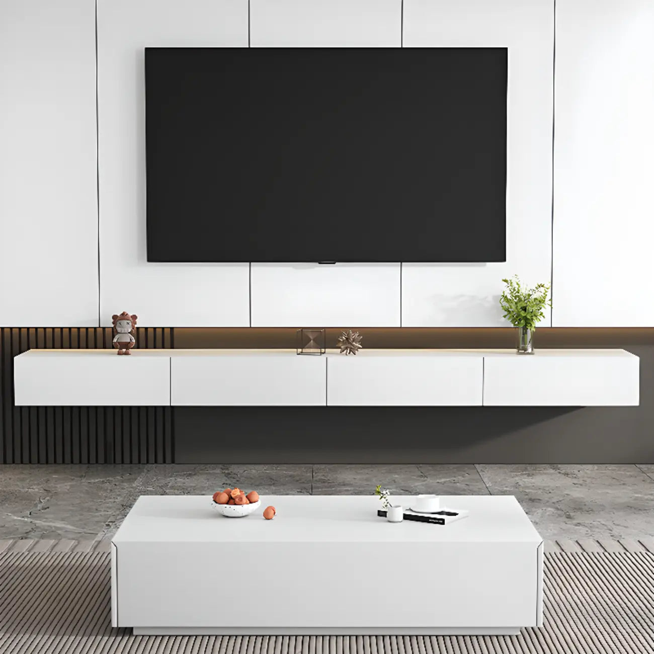 Meuble TV suspendu rectangulaire en bois blanc de 71 pouces avec rangement