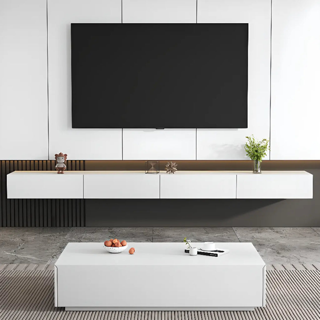 Meuble TV suspendu rectangulaire en bois blanc de 71 pouces avec rangement