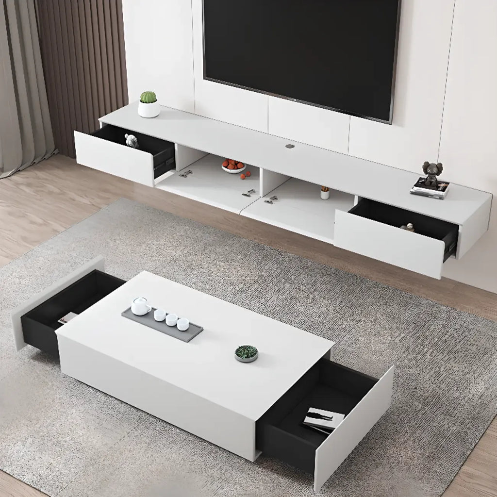 Meuble TV suspendu rectangulaire en bois blanc de 71 pouces avec rangement