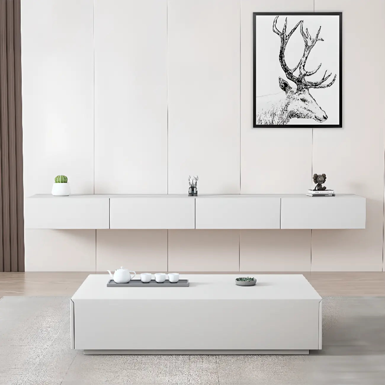 Meuble TV suspendu rectangulaire en bois blanc de 71 pouces avec rangement