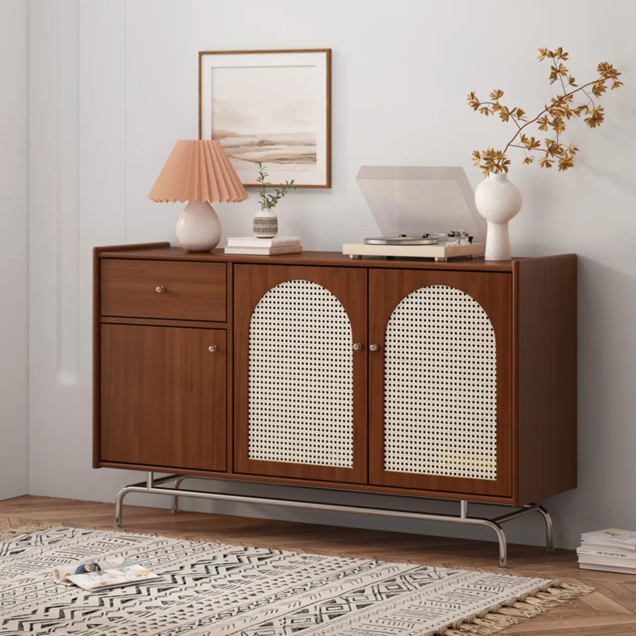 Meuble moderne en bois, métal et rotin avec base en métal pour salon