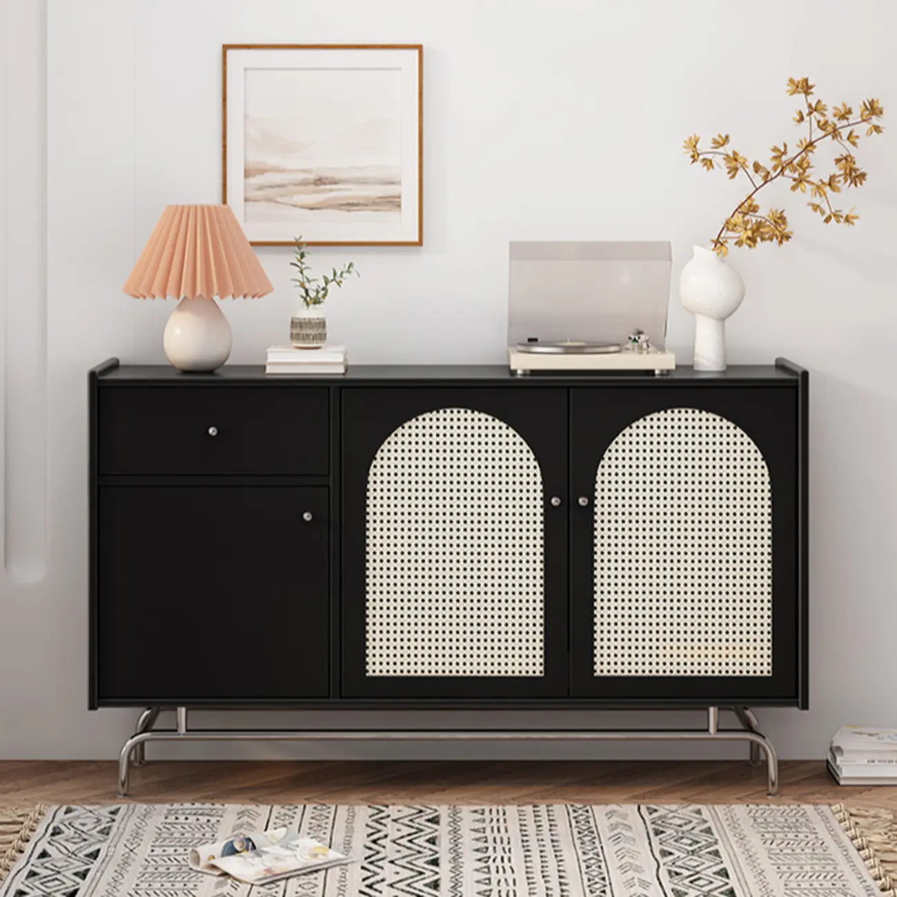 Meuble moderne en bois, métal et rotin avec base en métal pour salon
