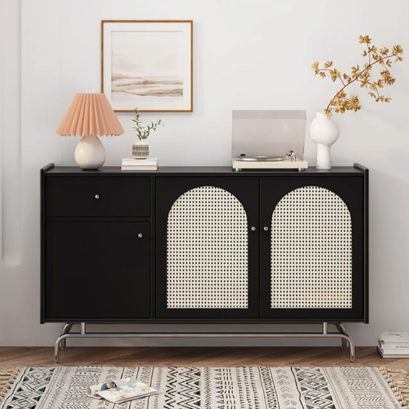 Meuble moderne en bois, métal et rotin avec base en métal pour salon