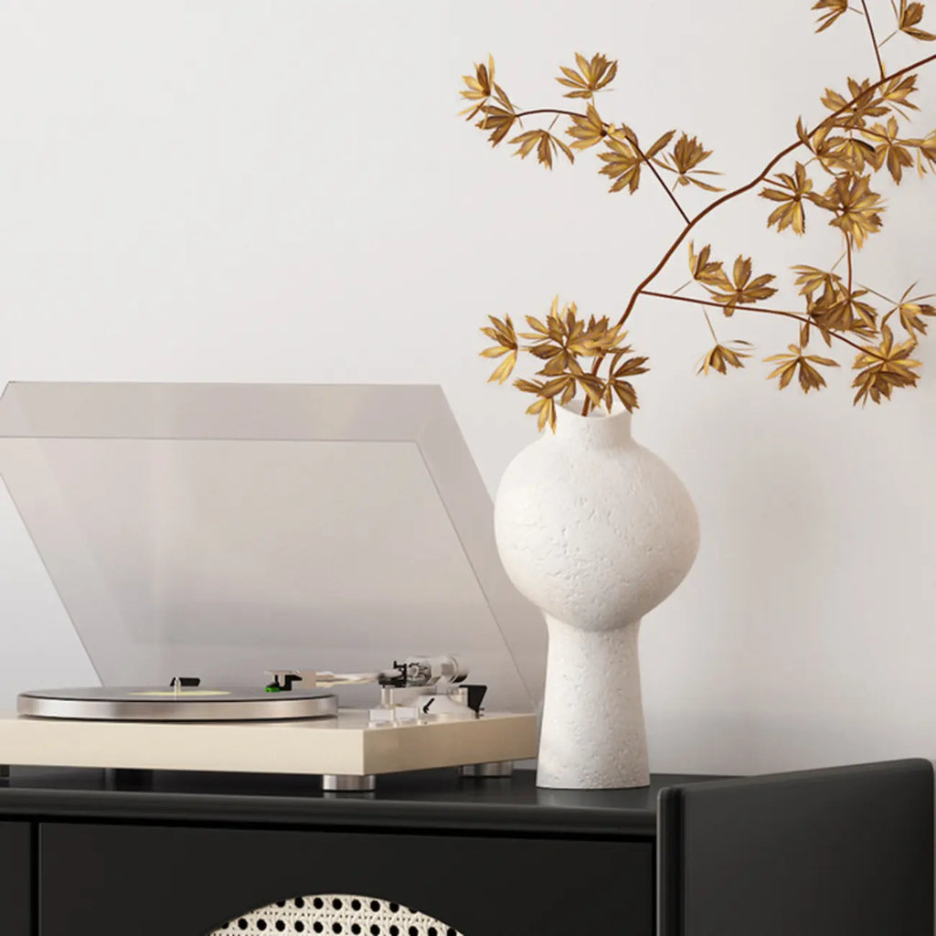 Meuble moderne en bois, métal et rotin avec base en métal pour salon