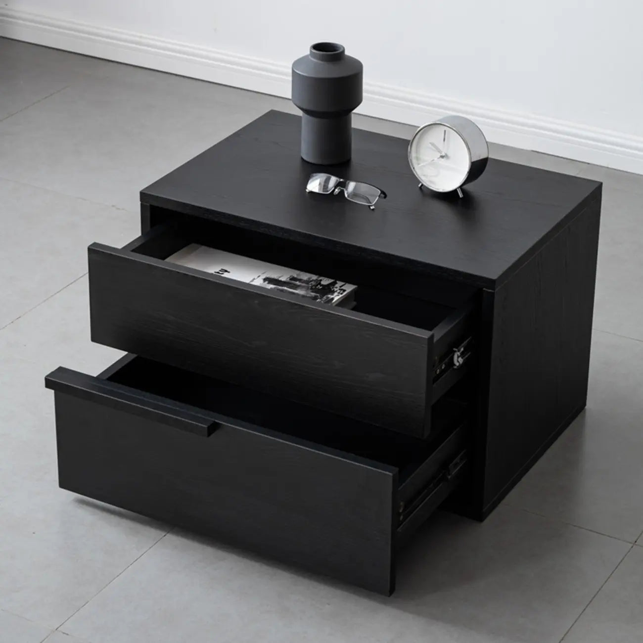 Table de chevet moderne à 2 tiroirs en bois composite noir