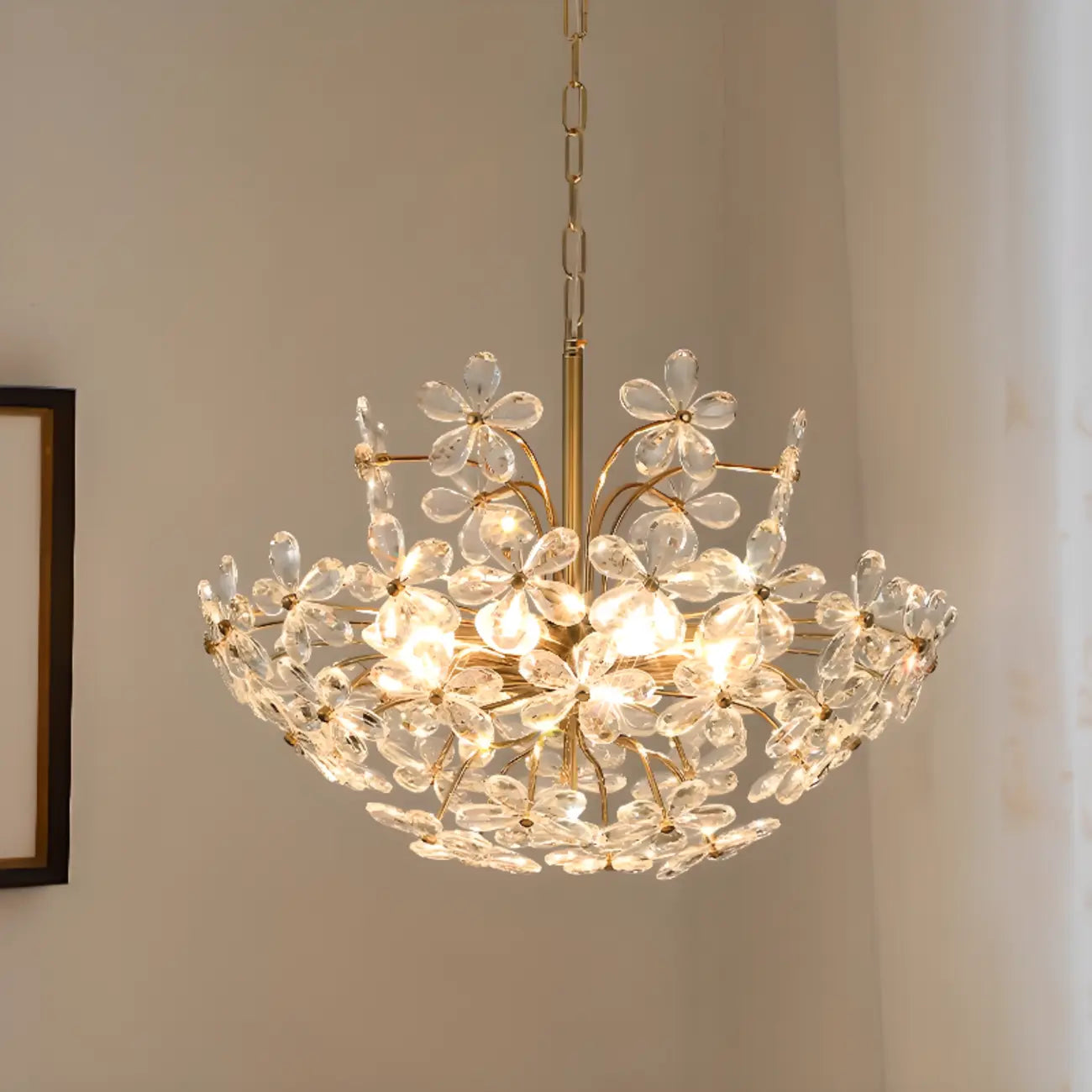 Lustre élégant à motif floral en cristal doré réglable