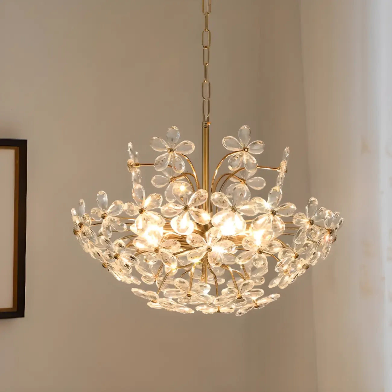 Lustre élégant à motif floral en cristal doré réglable