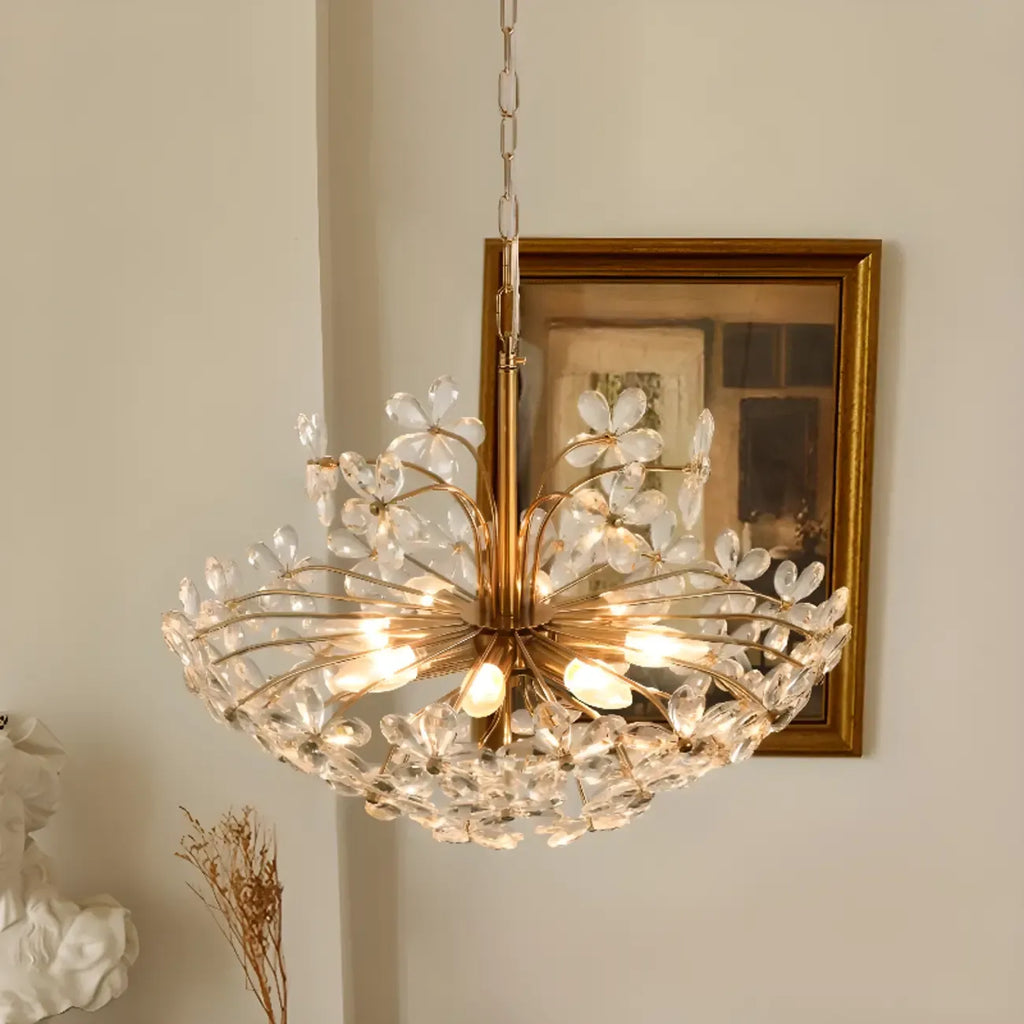 Lustre élégant à motif floral en cristal doré réglable