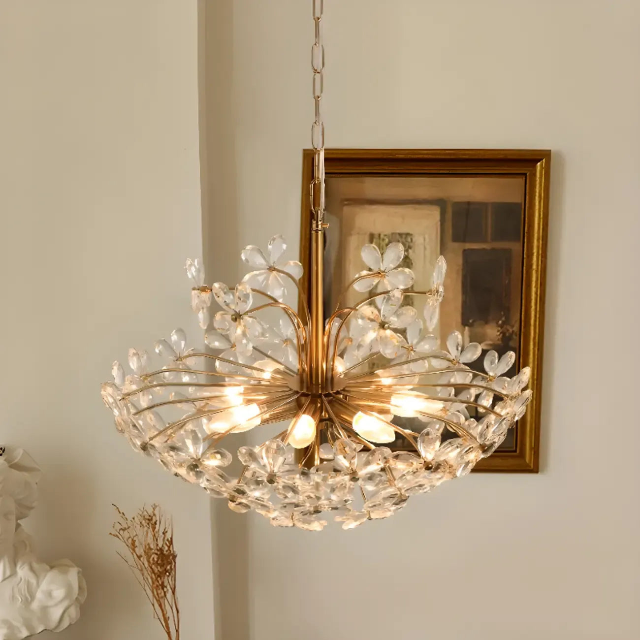 Lustre élégant à motif floral en cristal doré réglable