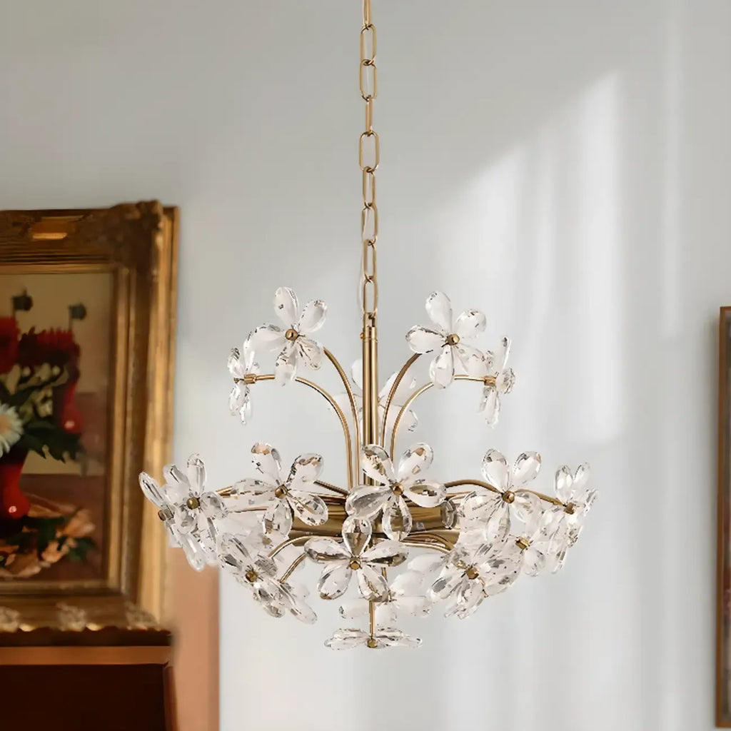 Lustre élégant à motif floral en cristal doré réglable