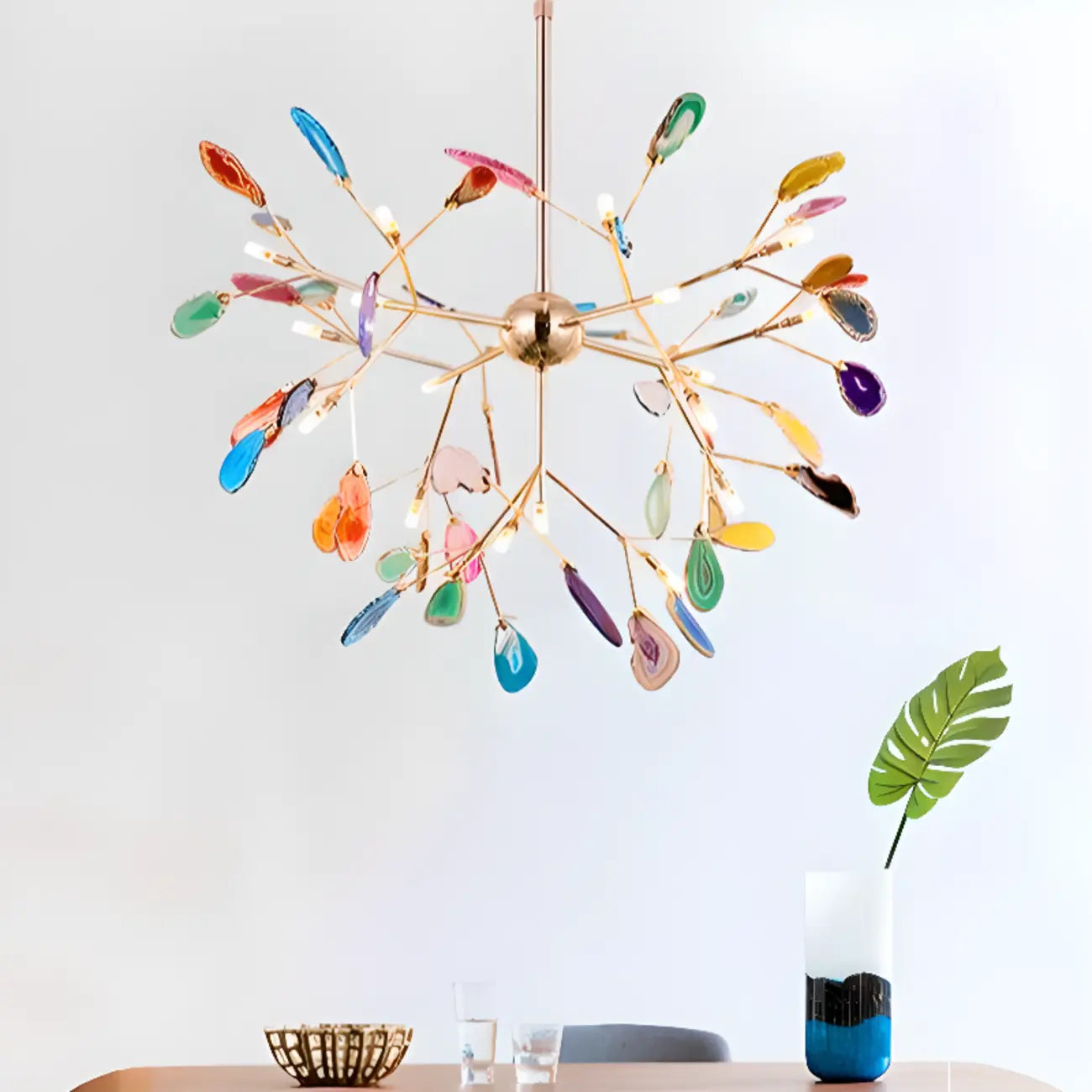 Bague circulaire en agate colorée, branches de lustre