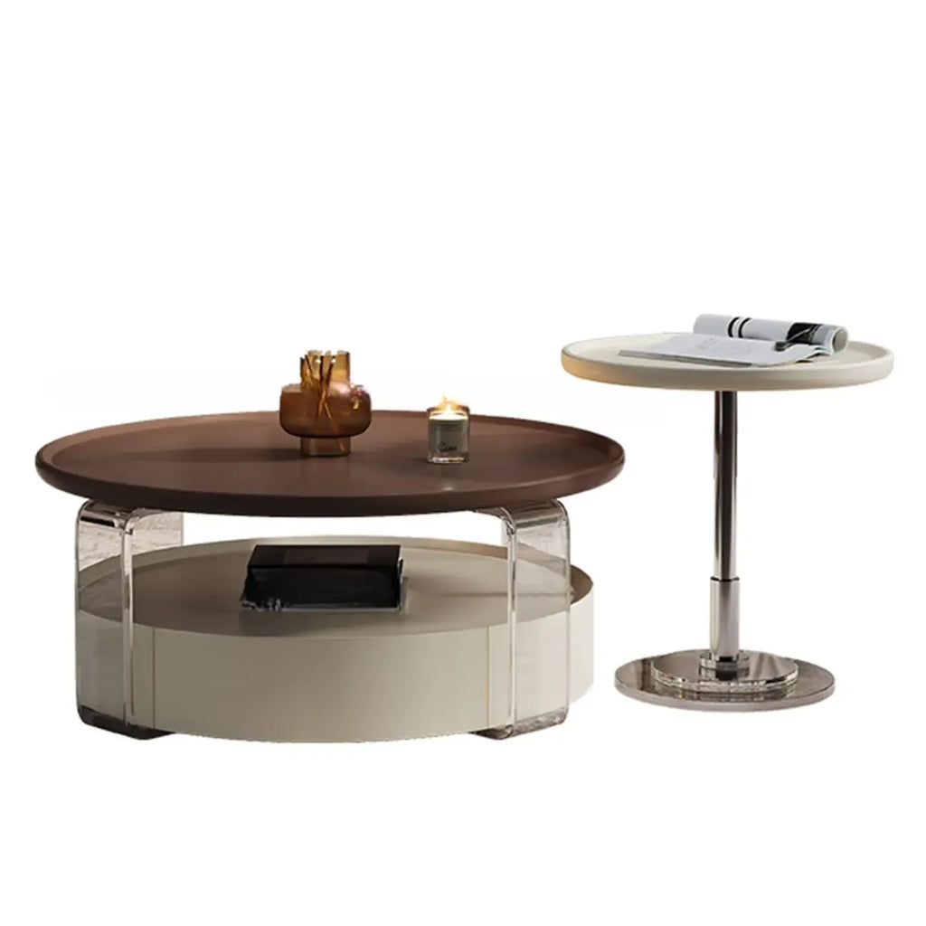 Table basse ronde et élégante en bois marron avec tiroir