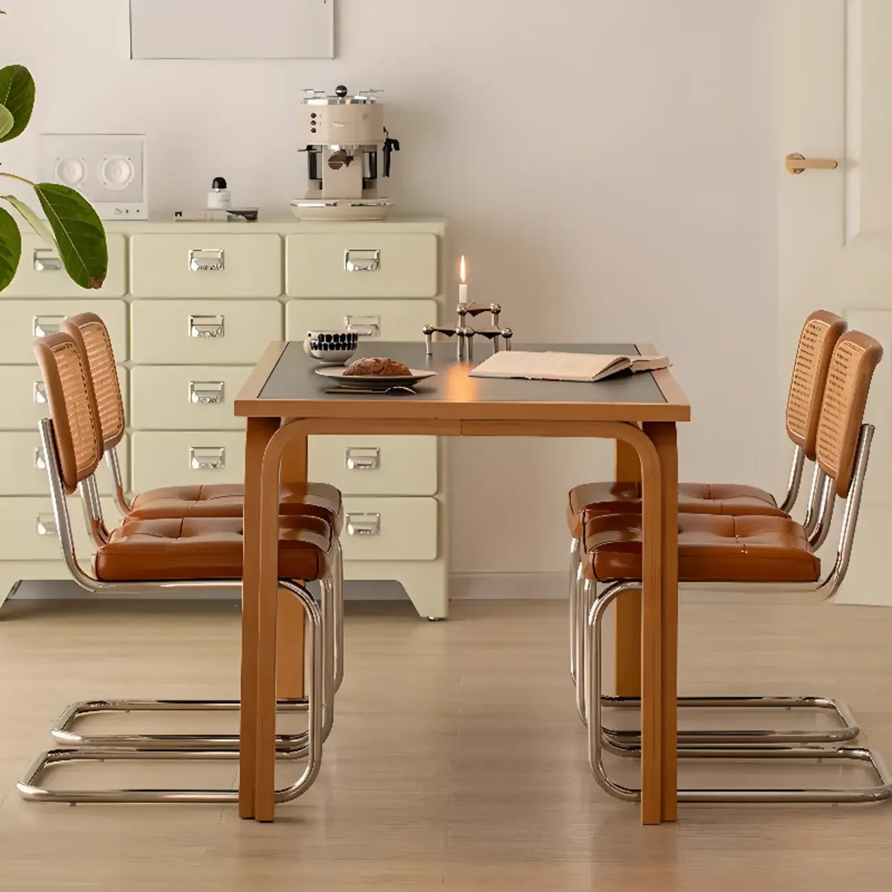 Chaise de salle à manger moderne marron à dossier tissé, en similicuir marron, à dossier cantilever.