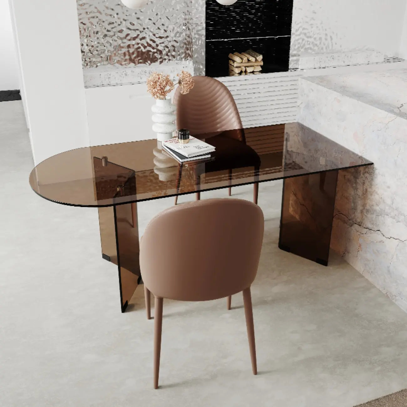 Table de salle à manger en verre brun de forme libre