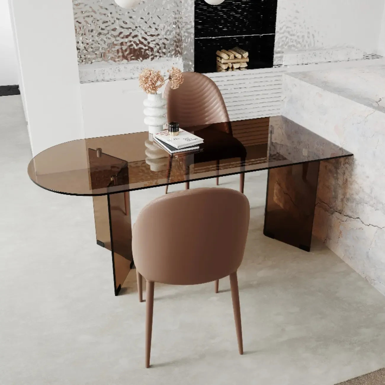 Table de salle à manger en verre brun de forme libre