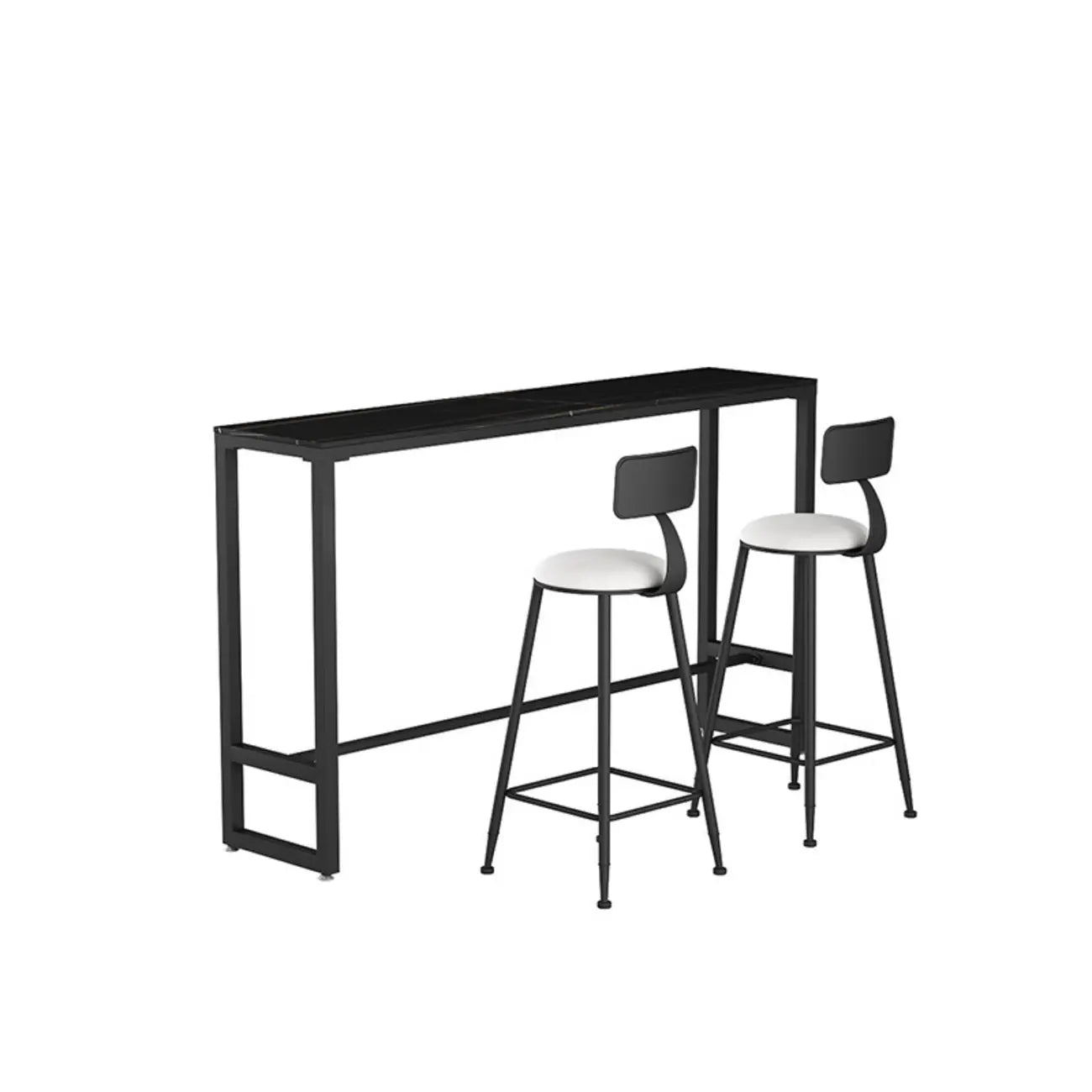 Table de bar moderne avec plateau en pierre noire, piètement à tréteaux et repose-pieds