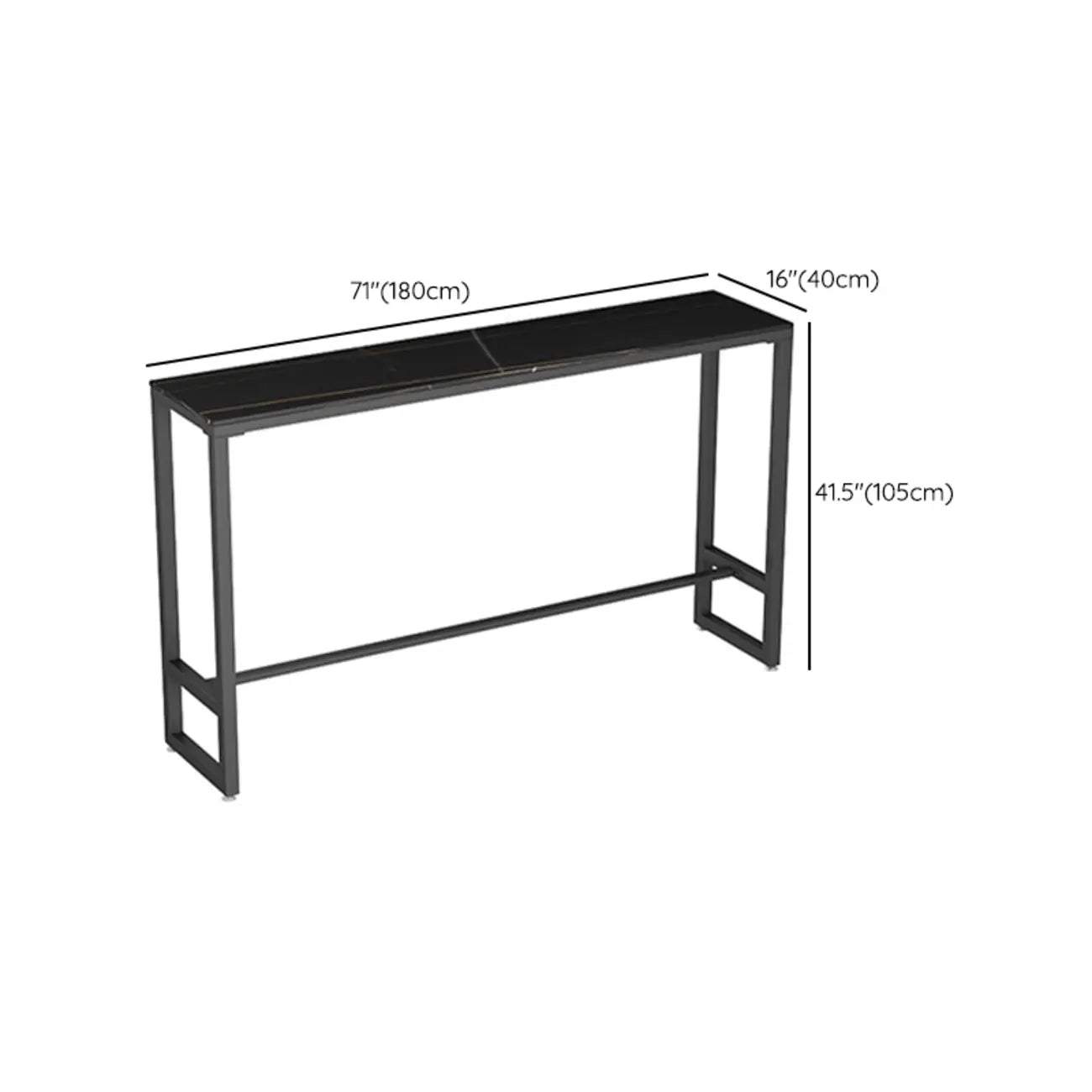 Table de bar moderne avec plateau en pierre noire, piètement à tréteaux et repose-pieds