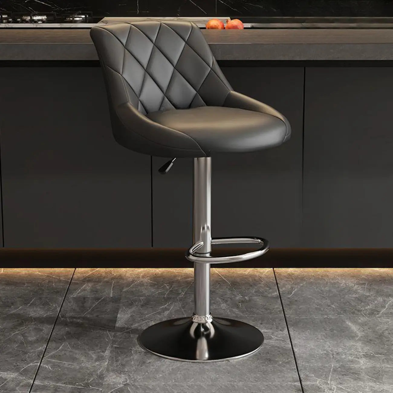 Tabouret de bar pivotant capitonné à losanges, réglable, en cuir PU noir et rouge