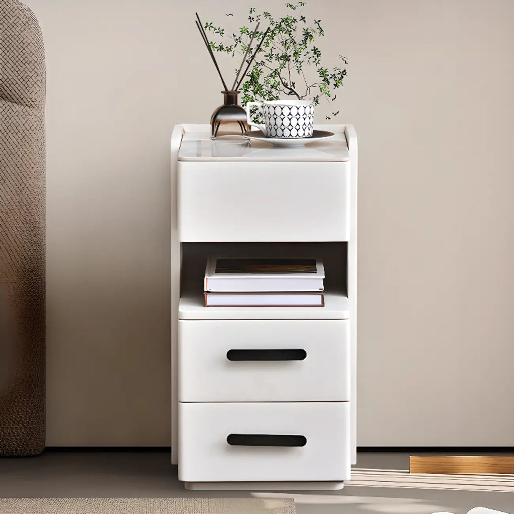 Table de chevet compacte blanche à 4 niveaux en bois avec plateau en pierre