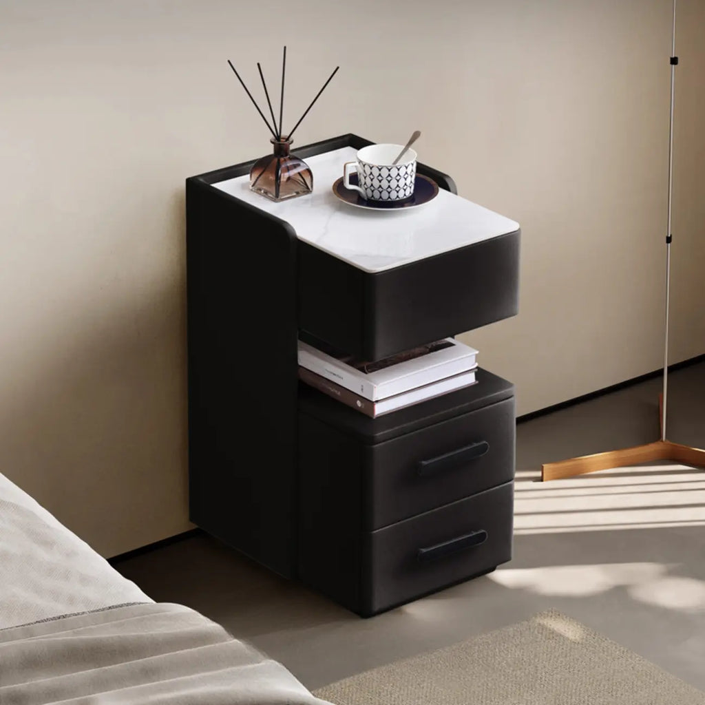 Table de chevet compacte blanche à 4 niveaux en bois avec plateau en pierre