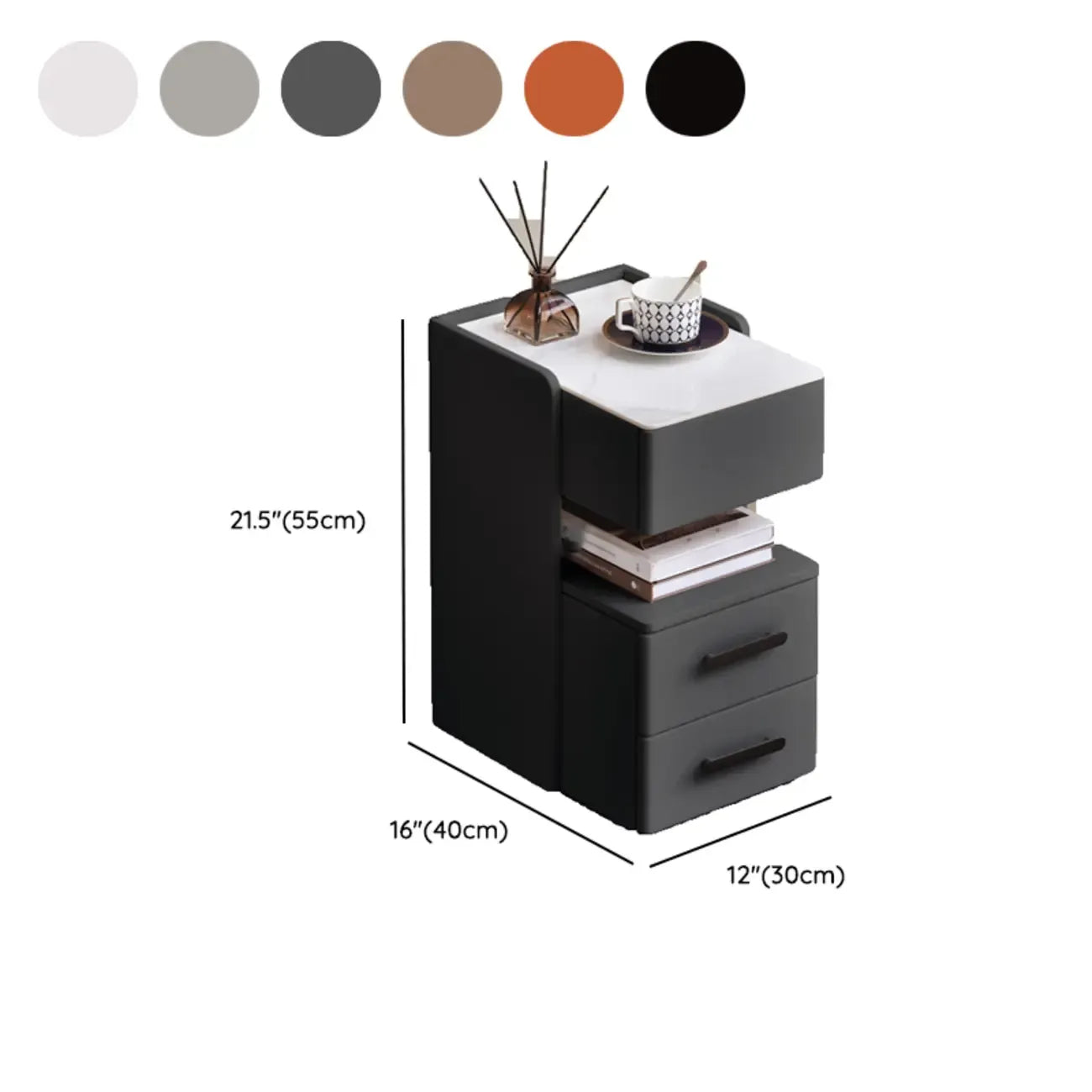 Table de chevet compacte blanche à 4 niveaux en bois avec plateau en pierre