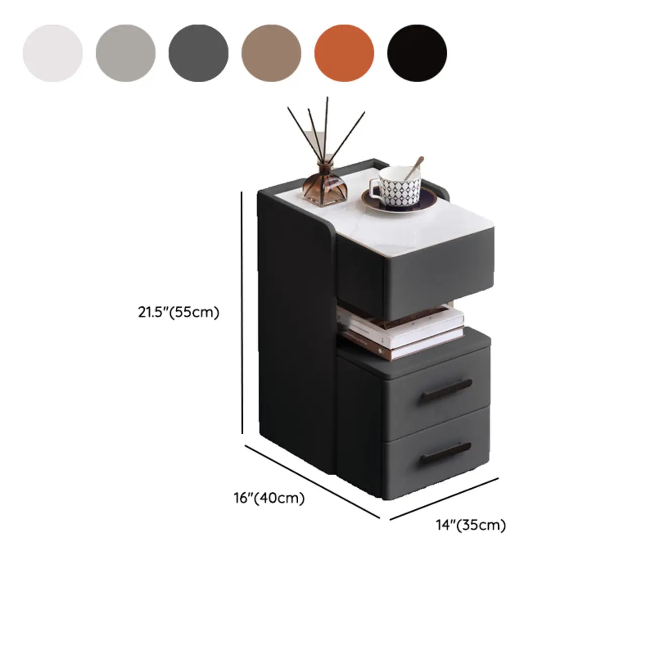 Table de chevet compacte blanche à 4 niveaux en bois avec plateau en pierre