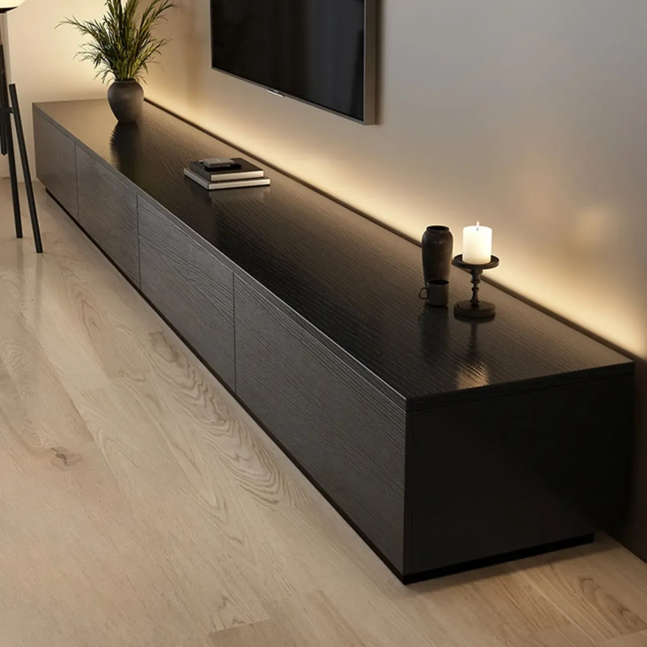 Meuble TV rectangulaire long et minimaliste noir avec 4 tiroirs
