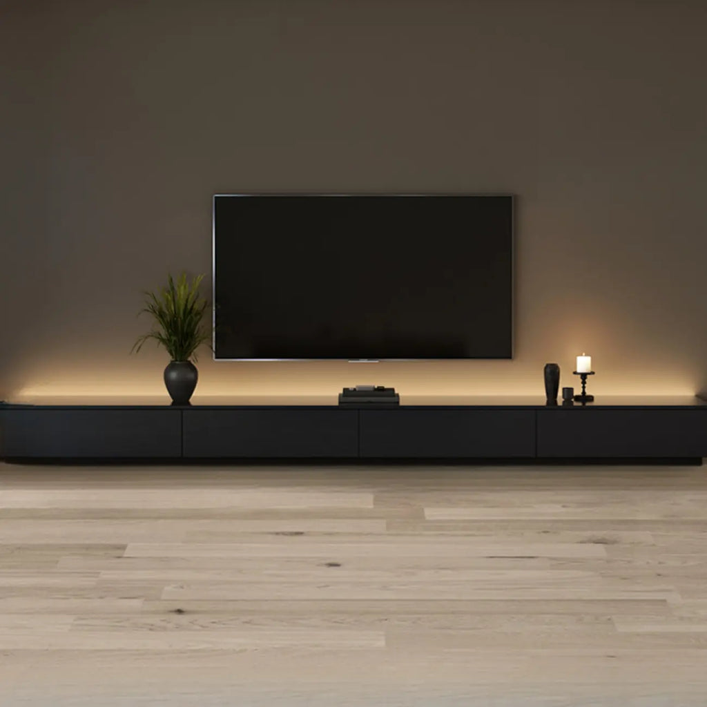 Meuble TV rectangulaire long et minimaliste noir avec 4 tiroirs