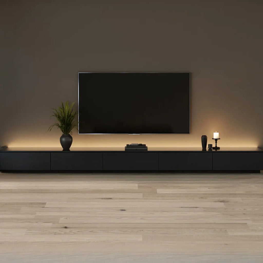 Meuble TV rectangulaire long et minimaliste noir avec 4 tiroirs