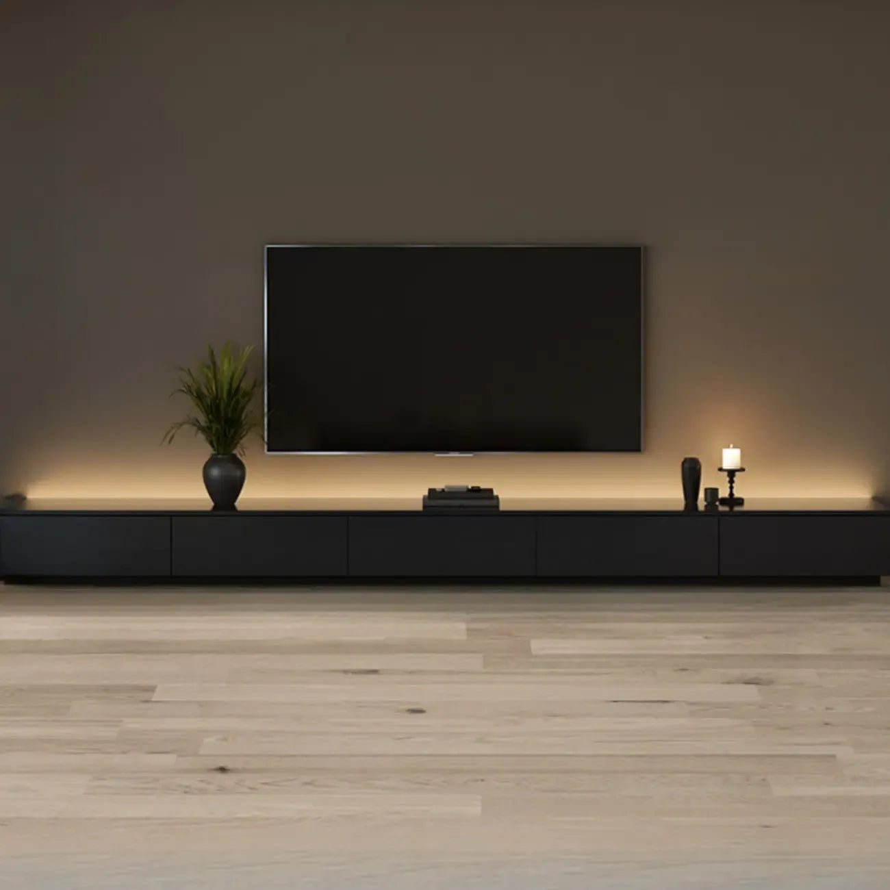 Meuble TV rectangulaire long et minimaliste noir avec 4 tiroirs